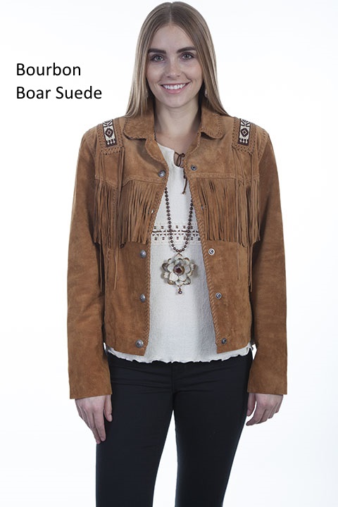 (image for) Ladies Hand Laced and Bead Trim Leather Jacket (XL / Expresso)